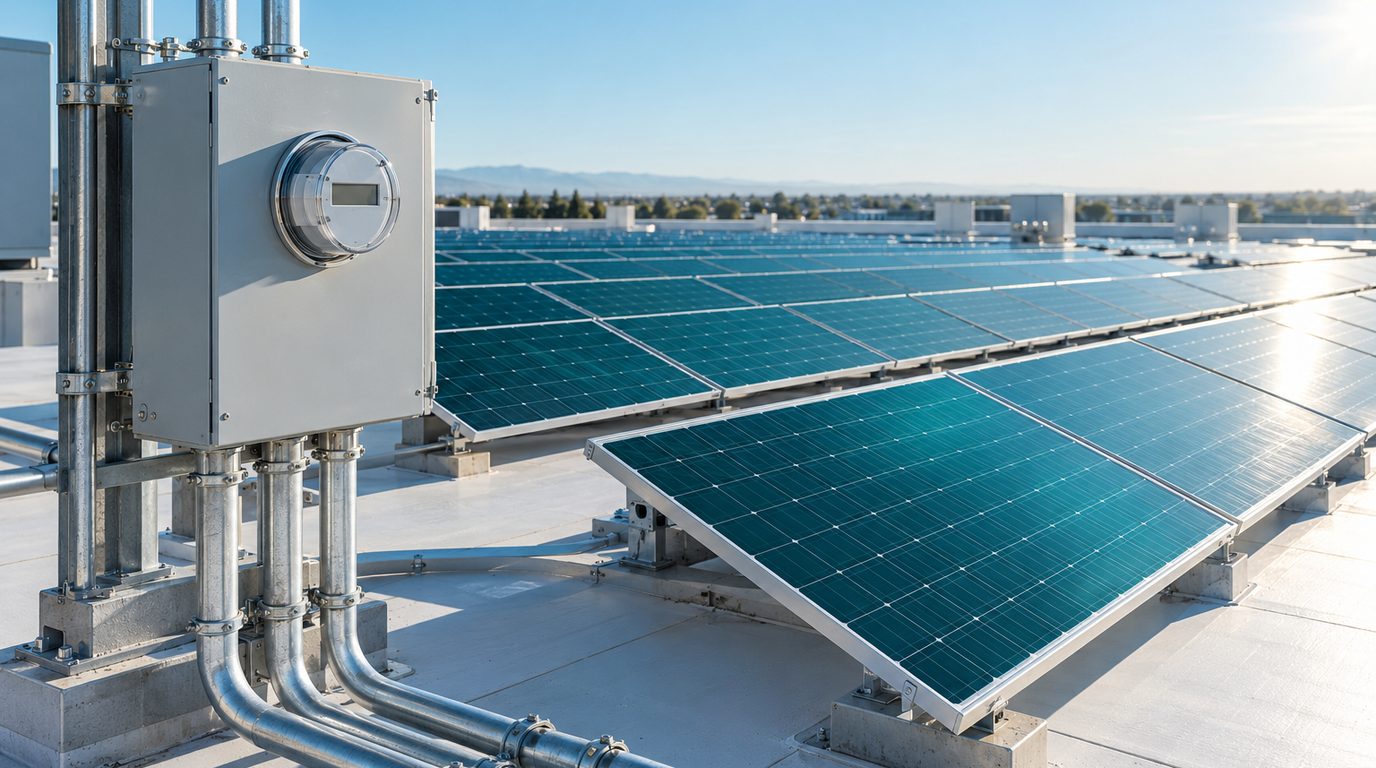 Rooftop solar panels with a three-phase energy meter box in the foreground