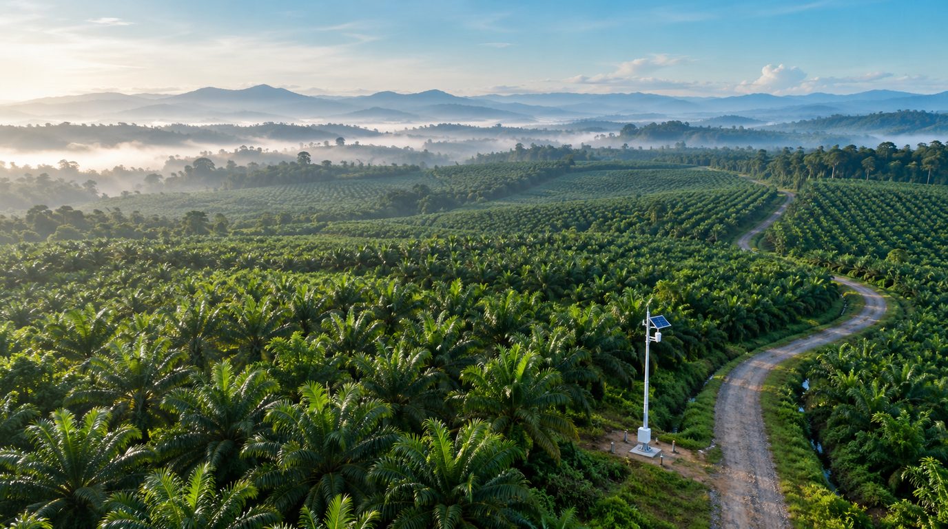 Aerial view of a tropical plantation with a slim gateway mast at the edge of a field