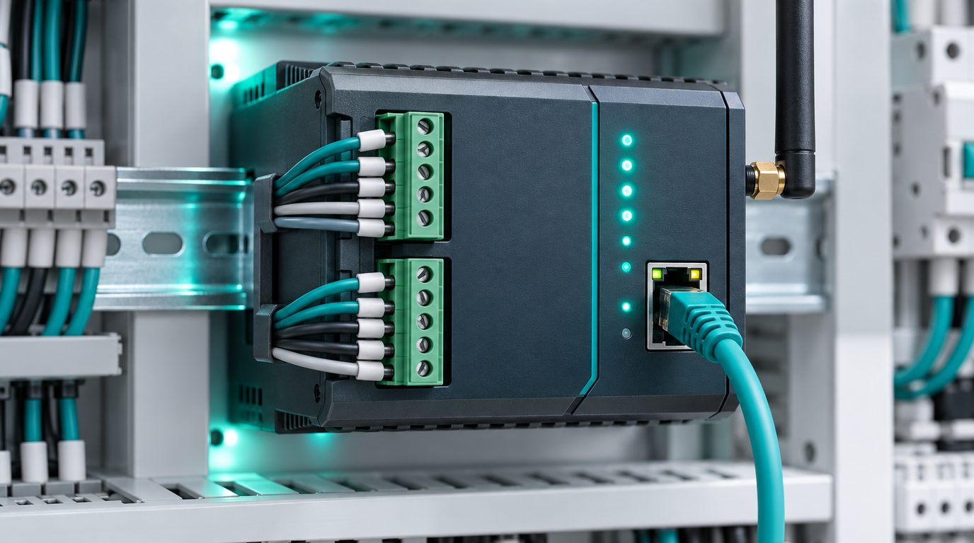 Close-up of a DIN-rail IoT gateway with RS-485 terminals, an Ethernet cable and a small antenna, teal status lights lit