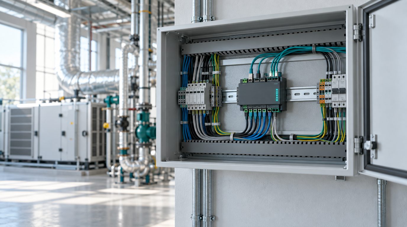 A DIN-rail IoT gateway inside an open control cabinet with field cables and teal status lights