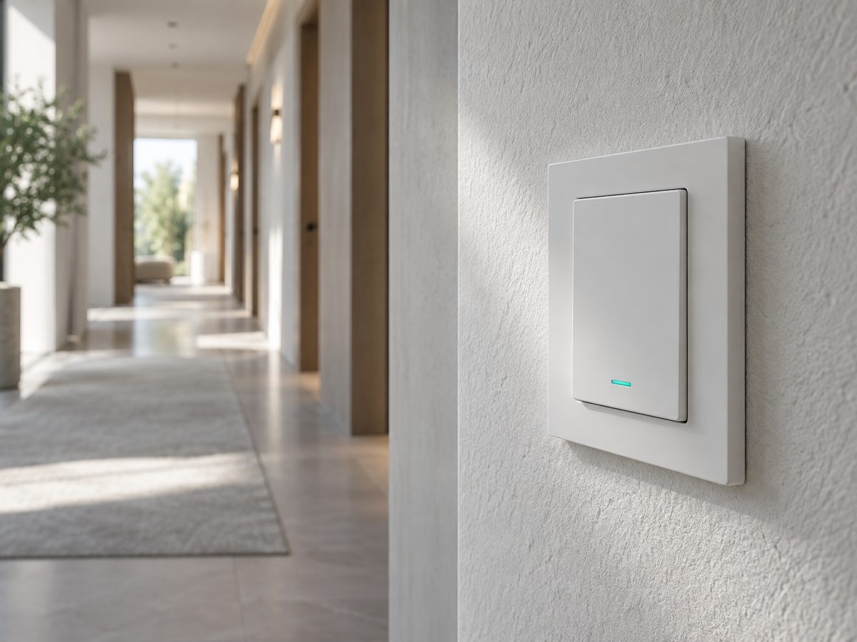 A white KNX smart wall switch panel on a light plaster wall