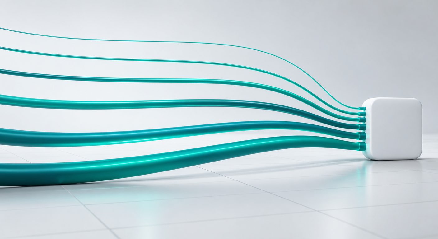 Six teal cables converging into one small white hub