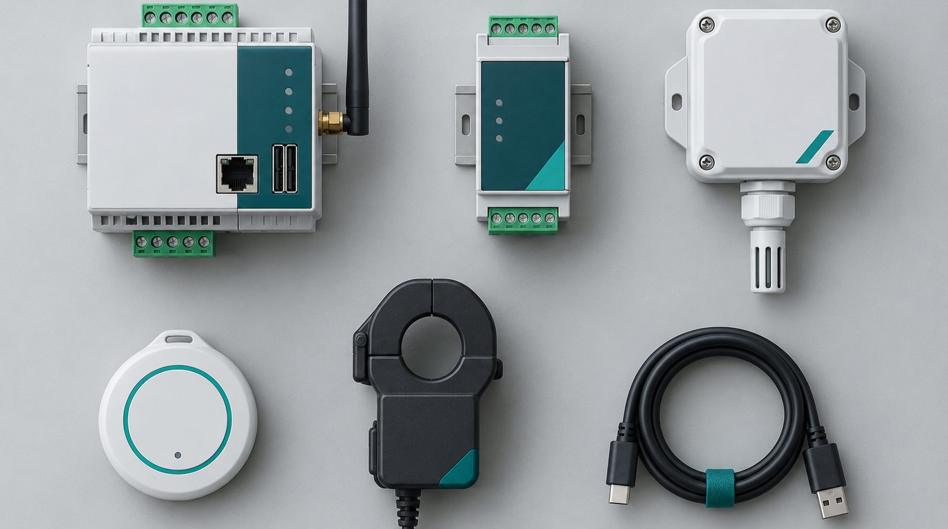 A flat-lay of industrial IoT hardware: a DIN-rail gateway, serial converter, LoRa sensor, Bluetooth beacon and clamp meter